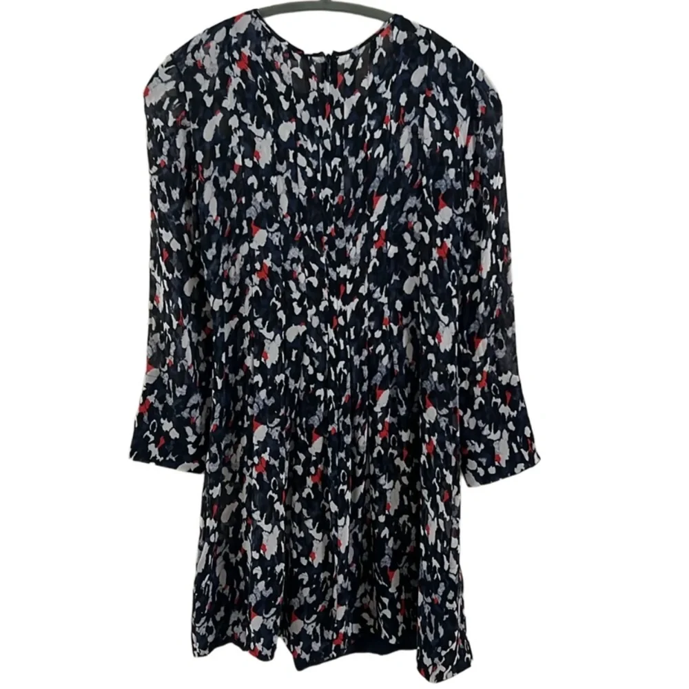 Club Monaco Women 8 Paint Splatter Navy‎ Mini Sheer Zipper Pleated 💯 Silk Dress